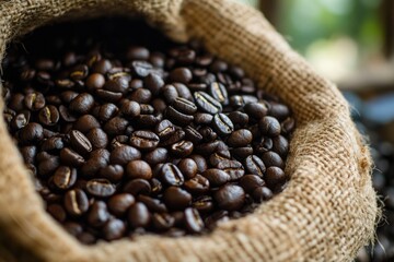 Fototapeta premium A bag of coffee beans resting on a table, ready for use