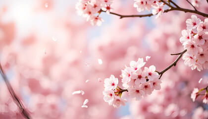 Obraz premium Cherry blossoms in bloom against a soft pink background, Cherry Blossom Canopy, New Blooms 