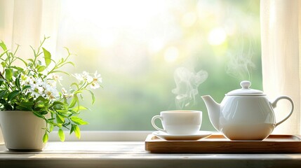   A potted plant sits on a wooden table next to a teapot and coffee cup
