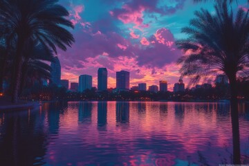 Obraz premium Sunset in Orlando, Minimalist: Colorful Lake Eola with City Skyline