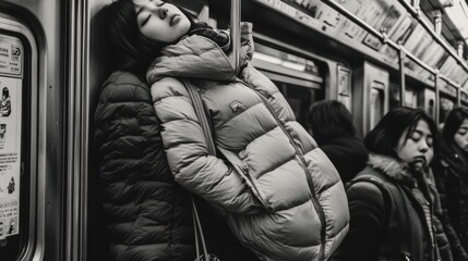 Fototapeta premium A serene black and white portrayal of a tired commuter leaning in a subway, capturing the essence of daily life, exhaustion, and urban solitude.