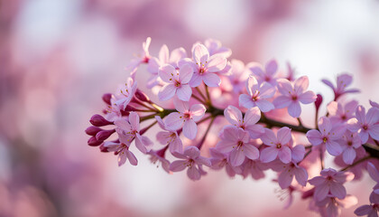 Obraz premium Pink cherry blossom flowers in soft focus, Lilac Branches, New Blooms