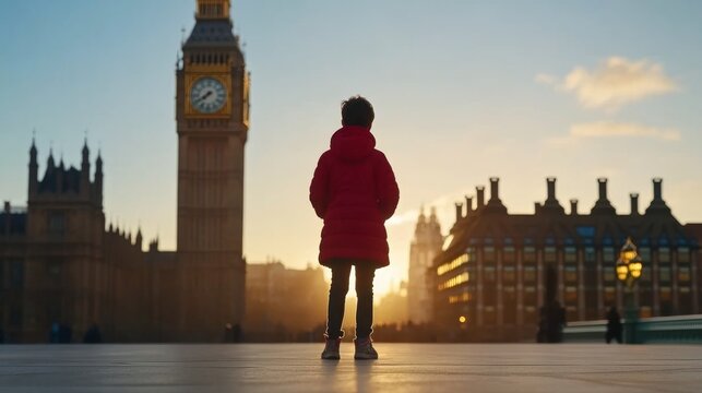 Big Ben stands majestically in London as golden sunlight reflects off its clock face, framed by striking architecture under a clear blue sky