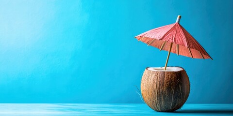 A coconut drink with a pink umbrella on a blue background evokes relaxation and nostalgia, reminiscent of carefree beach days filled with laughter and joyful celebrations in a coastal paradise