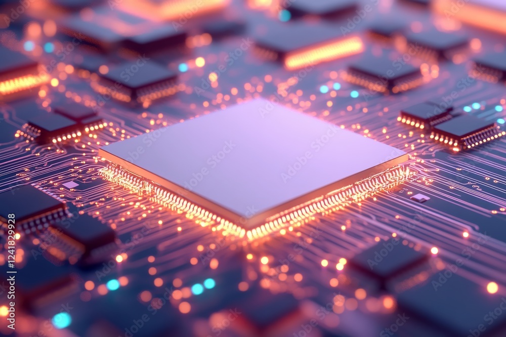 Aufkleber Close-up of a circuit board displaying intricate details, showcasing interconnected components with a glowing blue grid, perfect for technology-oriented designs