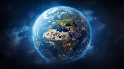 Obraz premium Planet Earth with detailed relief and atmosphere. Blue space background with earth and galaxy.