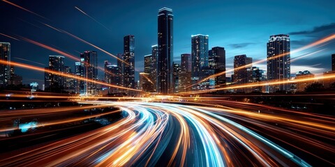 Fototapeta premium Futuristic night cityscape with modern skyscrapers and light trails urban landscape aerial view dynamic concept