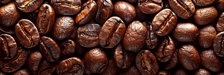 Fototapeta premium Roasted coffee beans fill the image, showcasing their rich, dark texture. Concept of coffee and texture. For coffee-related products.