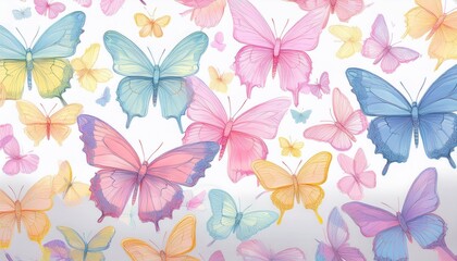 Cute butterflies hand drawn seamless pattern. Delicate colorful butterflies on white background. Beautiful pastel creatures wallpaper design.