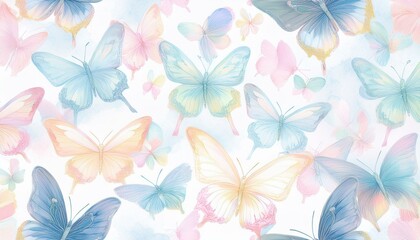Cute butterflies hand drawn seamless pattern. Delicate colorful butterflies on white background. Beautiful pastel creatures wallpaper design.
