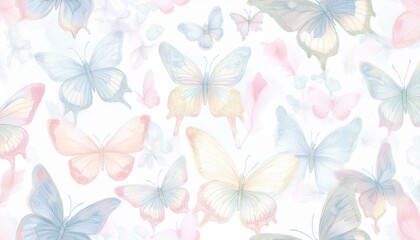 Cute butterflies hand drawn seamless pattern. Delicate colorful butterflies on white background. Beautiful pastel creatures wallpaper design.
