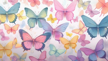 Cute butterflies hand drawn seamless pattern. Delicate colorful butterflies on white background. Beautiful pastel creatures wallpaper design.