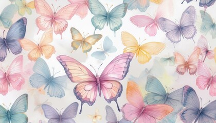 Fototapeta premium Cute butterflies hand drawn seamless pattern. Delicate colorful butterflies on white background. Beautiful pastel creatures wallpaper design.