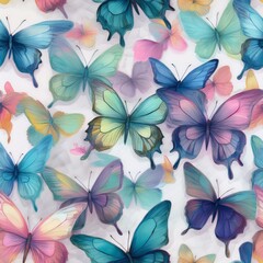 Cute butterflies hand drawn seamless pattern. Delicate colorful butterflies on white background. Beautiful pastel creatures wallpaper design.