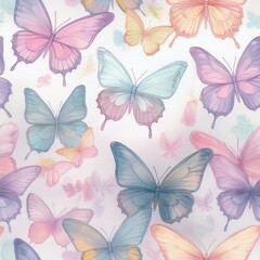Fototapeta premium Cute butterflies hand drawn seamless pattern. Delicate colorful butterflies on white background. Beautiful pastel creatures wallpaper design.