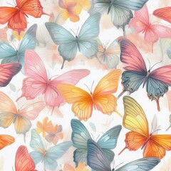 Obraz premium Cute butterflies hand drawn seamless pattern. Delicate colorful butterflies on white background. Beautiful pastel creatures wallpaper design.