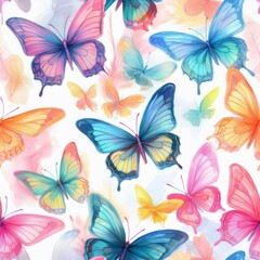 Cute butterflies hand drawn seamless pattern. Delicate colorful butterflies on white background. Beautiful pastel creatures wallpaper design.