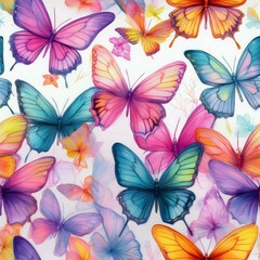 Cute butterflies hand drawn seamless pattern. Delicate colorful butterflies on white background. Beautiful pastel creatures wallpaper design.