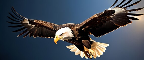 Stunning close up of a majestic bald eagle in mid flight wings outstretched