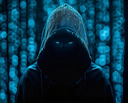 Mysterious hooded hacker silhouette cybercrime anonymity digital world hacking security threat code dark identity