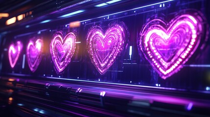 Obraz premium A sophisticated futuristic console screen displaying synchronized holograms of rotating three-dimensional heart patterns illuminated in purple and magenta lights.