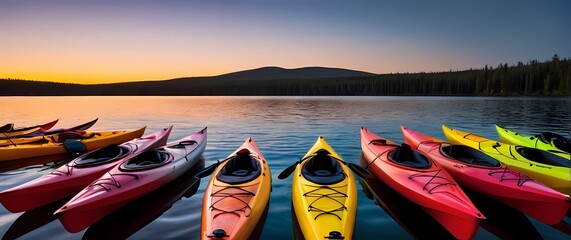 Stunning display of colorful kayaks lined up along a serene lakeside