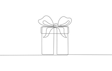 Gift box with a bow and ribbon continuous one line isolated on a white background. Continuous one line gift box. Graphic design. Vector illustration.