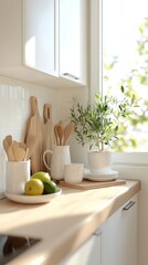 Stylish minimalist family kitchen featuring natural light and multifunctional furniture for a cozy atmosphere