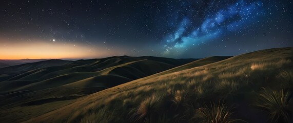 Stunning landscape featuring rolling hills beneath a breathtaking starry sky