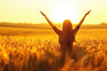 girl with raised hands in the field