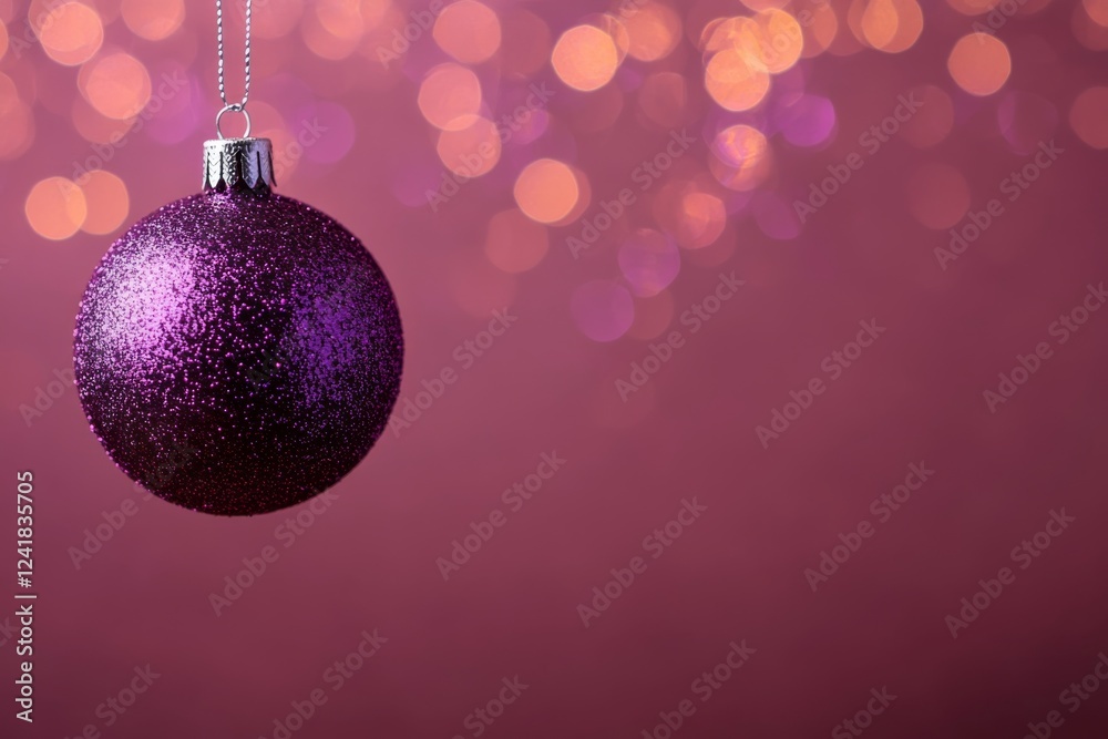 Poster a solitary glossy purple ornament sphere hangs from a silver thread, showcasing its shiny surface ag