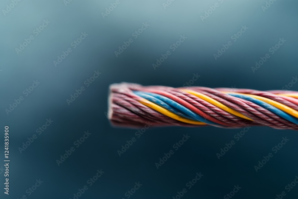 Poster A macro shot captures a single multicolored cable entwined with fine wires, illustrating the complex connections of modern technology against a sleek metallic background