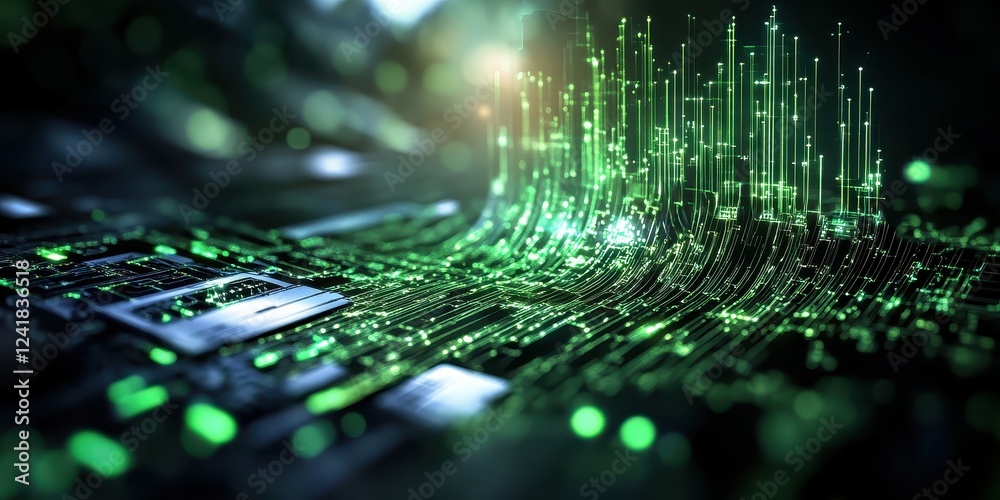 Poster glowing green digital matrix visualization abstract technology environment high-tech concept close-u