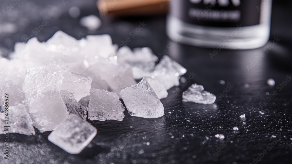 Fototapete macro shot of shattered ice pieces with sharp edges scattered on a glossy black surface, creating de