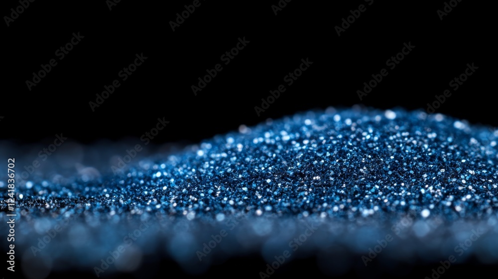 Poster Glitter particles shimmer in vibrant blue hues against a dark background. Soft light illuminates the texture, creating an abstract and dynamic visual experience