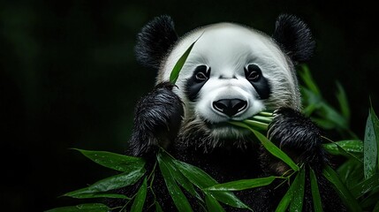 Obraz premium A panda bear with its paws on its head, eating bamboo and looking at the camera