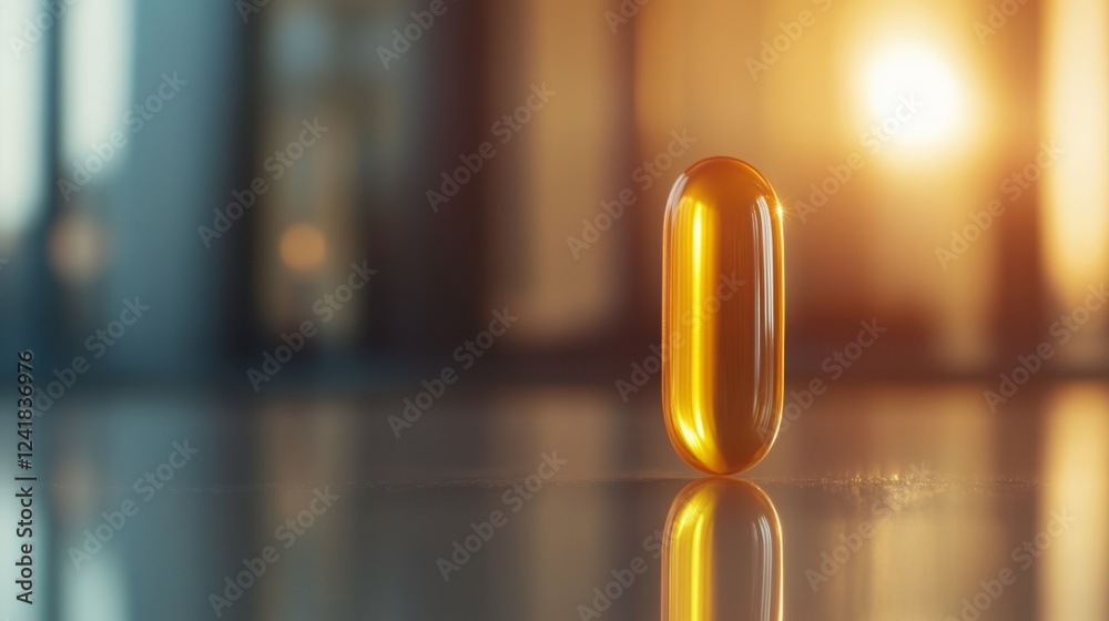 Aufkleber a glossy yellow omega-3 fish oil capsule stands out against a reflective surface, with faint shadows