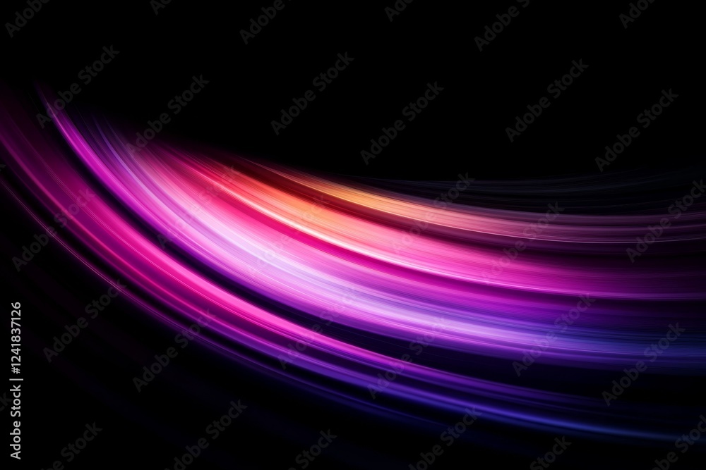 Poster Vivid wave lines in bright neon hues flow smoothly against a black backdrop, conveying a sense of movement and energy with ample space on the right for text