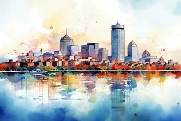 Vibrant watercolor painting captures the essence of boston's cityscape, with its iconic buildings mirrored in the tranquil waters below