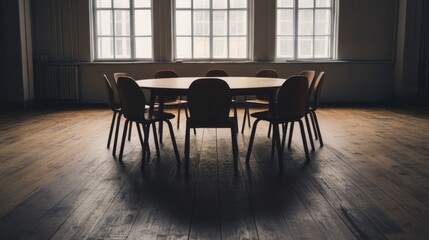 Fototapeta premium Empty conference room, large table, wooden floor, meeting preparation