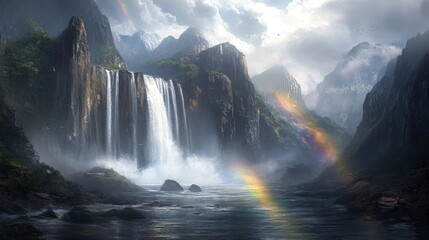 Majestic Waterfall in a Mountain Valley: A Digital Painting of Serene Nature