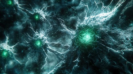 Fototapeta premium Abstract Neurons with Glowing Green Nodes in a Sci-Fi Environment