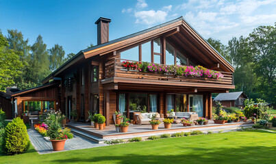 Obraz premium Unique Wooden House with a Balcony and Flower Pots for a Charming, Cozy Escape