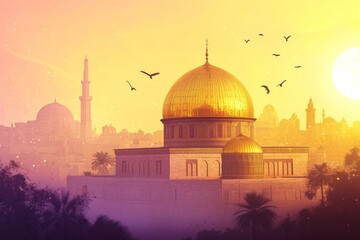 Fototapeta premium Golden Dome Majestic Sunrise Cityscape: A Stunning Architectural Masterpiece