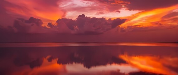 Fototapeta premium Vivid orange and pink clouds reflecting the days last light over the horizon