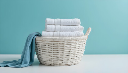 Fototapeta premium A stack of clean, folded towels in a wicker laundry basket. Soft cotton fabric with a neat and tidy appearance. Perfect for domestic care, hygiene, and housework concepts.