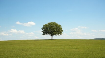 Fototapeta premium Lone tree on grassy hill, clear sky, peaceful landscape, nature background, ideal for serenity themes
