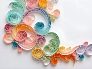 Delicate pastel-colored quilled paper swirls on a clean white background with soft shadows, leaving a spacious copy area.
