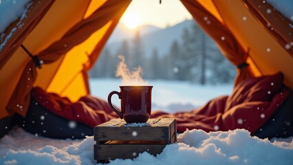 Naklejka premium Mulled wine beside a tent in the snow, with a winter landscape surrounding it. The warmth of the drink contrasts with the cold air, offering a cozy escape in the heart of nature.
