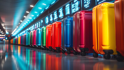 Fototapeta premium Assorted luggage suitcases in a bright airport terminal wide banner layout with open copy space perfect for summer getaways, family holidays, and travel inspiration